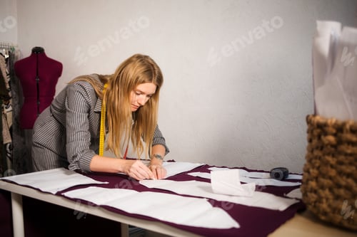 Preview: a woman dressmaker cuts clothes on the background of an atelier. small business concept