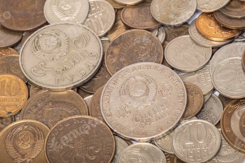 Preview: Background of old USSR coins of rubles and kopecks. The ruble and kopeck is the currency of the USSR