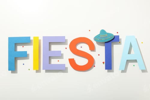 Preview: The inscription Fiesta with decorations on a white background