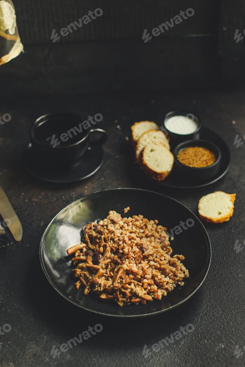 Preview: Buckwheat Porridge With Mushrooms. Food Background. Top View. Copy Space