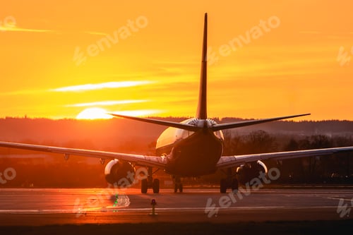 Preview: Airplane taxiing to airport runway at sunset