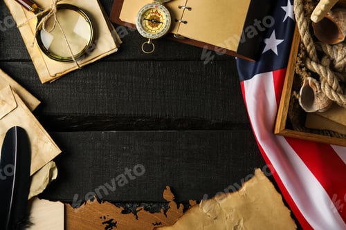 Preview: Columbus Day. Magnifying glass with compass and map