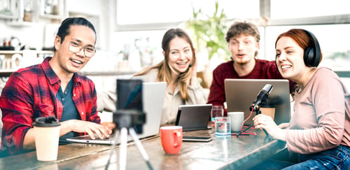Preview: Happy students sharing content on streaming platforms with digital web cam