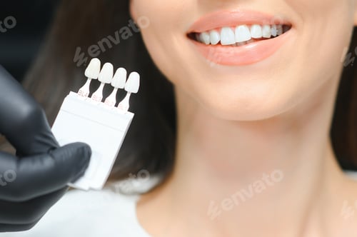 Preview: Dentist checking and selecting color of young woman's teeth