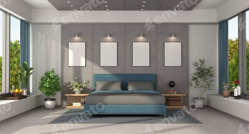 Preview: Modern master bedroom with blue double bed