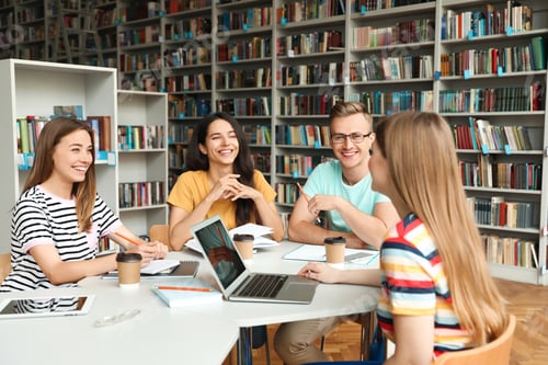 Preview: Young people discussing group project at table in library