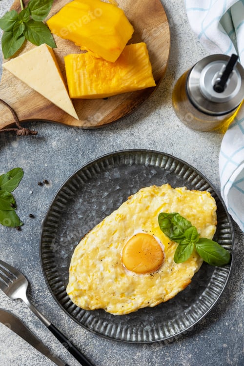 Preview: Baked cottage cheese pumpkin bread with cheese and egg filling on stone background.