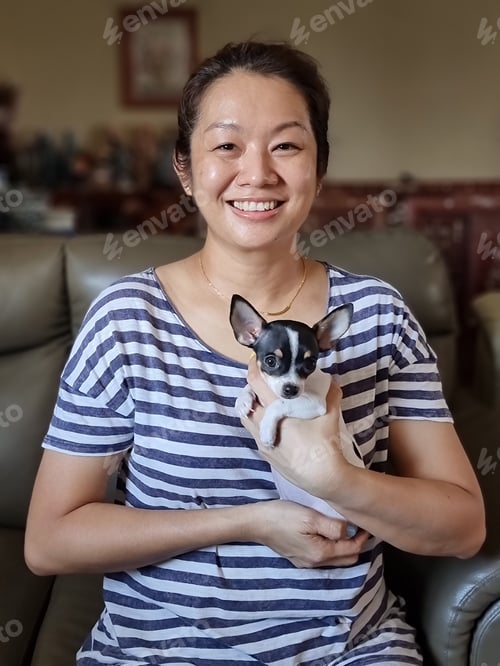 Preview: Portrait of an Asian woman holding her cute pet chihuahua puppy