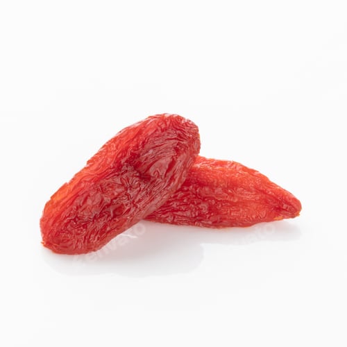 Preview: Two dried red goji berries on white background