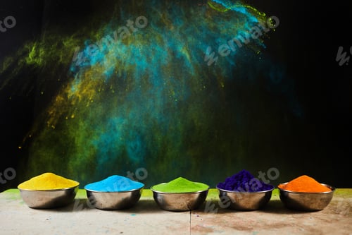 Preview: Colorful traditional Holi powder in bowls. Happy Holi. Concept Indian color festival.