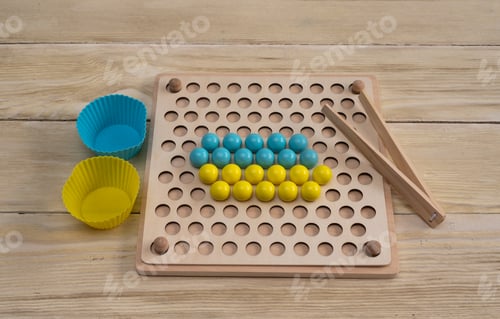 Preview: Wooden Sorting Board with Balls, Tongs, and Bowls