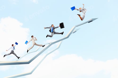 Preview: Young Businesspeople Jumping On White Arrows. Growth Concept