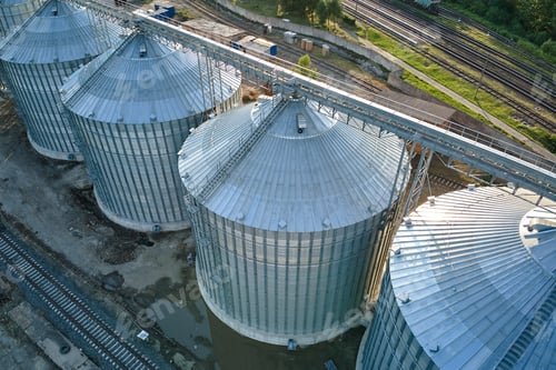 Preview: Aerial view of industrial ventilated silos for long term storage of grain and oilseed.