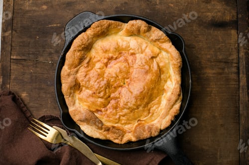 Preview: Whole apple pie in iron baking pan on wood surface