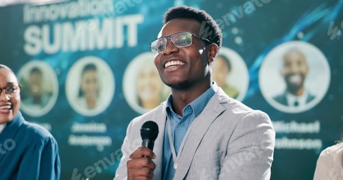 Preview: Presenting, black man or smile at seminar for speech, climate change or sustainability. Male resear