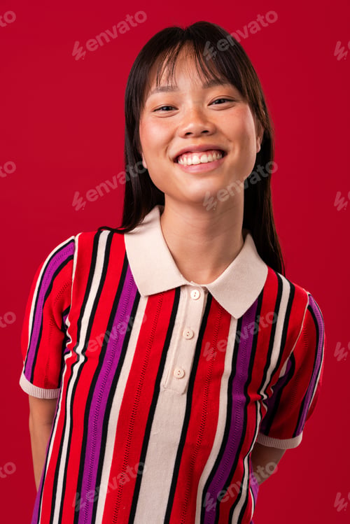 Preview: Beautiful asian woman portrait, young asian woman smiling, expressing joy and confidence