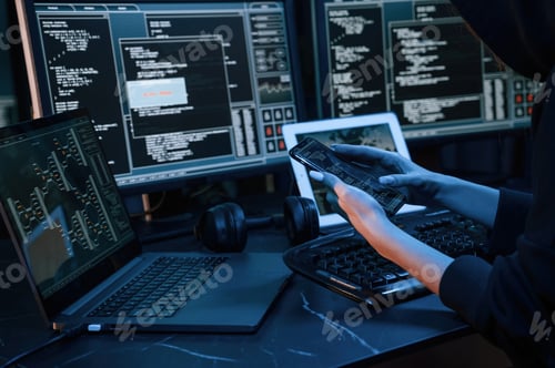 Preview: Young professional female hacker is indoors by computer with lot of information on displays