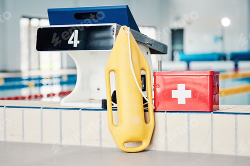 Preview: Swimming pool, medical and lifeguard equipment for water safety, security or emergency for rescue.