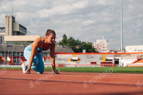 Preview: A fit sportswoman in start position on running track on stadium.