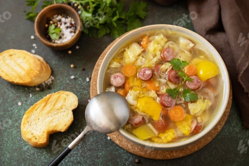 Preview: Cabbage Soup with Sausage in Bowl on Table