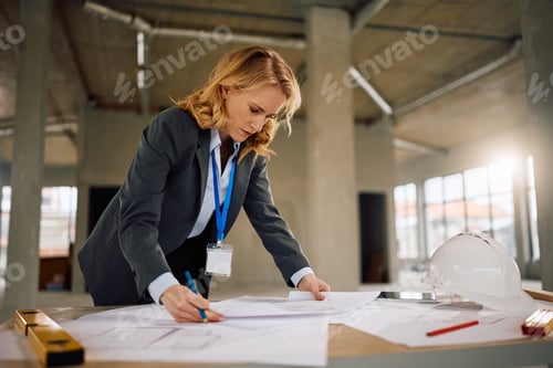Preview: Female architect working on blueprints at construction site.