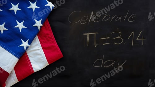 Preview: Pi number day, Celebrate Pi text chalk drawing and US flag on a school black board.