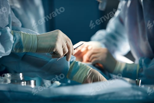 Preview: close up surgeons hand taking scissors, forceps and surgical instruments on table for operation with