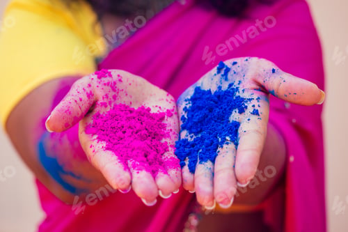 Preview: female indian model snow-white smile on holi color festival