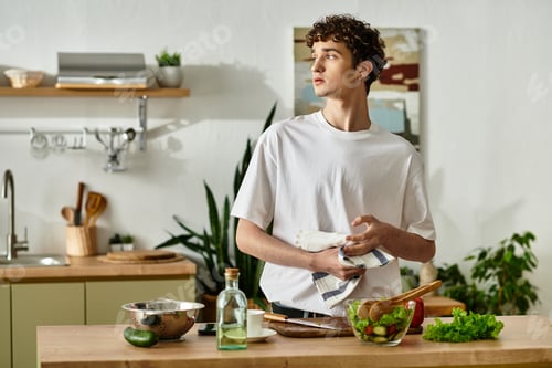 Preview: A young man with curly hair prepares a vibrant salad in a stylish, modern kitchen