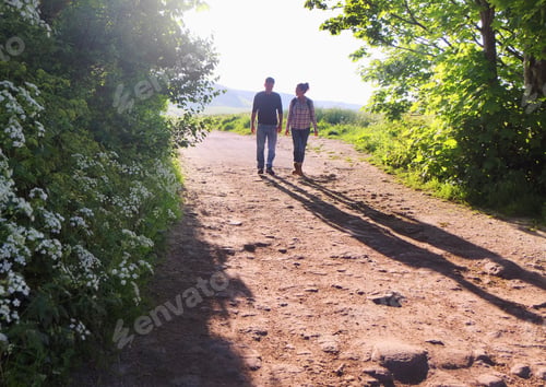 Preview: Rear view of couple walking on dirt track