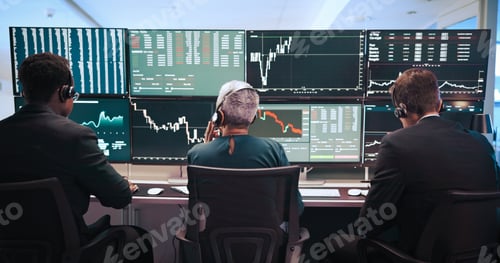 Preview: Computer screen, finance and back of people for stock market, financial analytics and market review