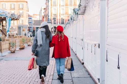 Preview: Anonymous female friends with shopping bags on the street in winter. Christmas and sales concept.