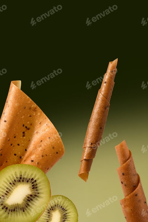 Preview: Lozenges in the air on a green background. Natural, healthy breakfast. Vitamins. Kiwi dessert.