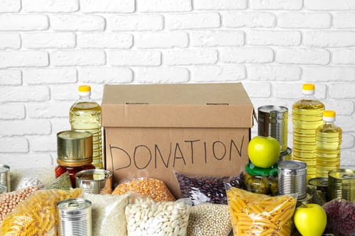 Preview: Donation box with various food. Pandemic support.
