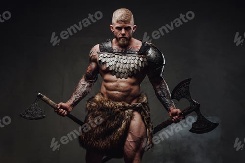 Preview: Strong tattooed warrior in light armour and fur with two axes in dark