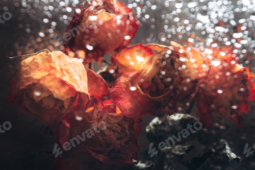 Preview: Bunch of beautiful faded flowers through the glass with rain drops
