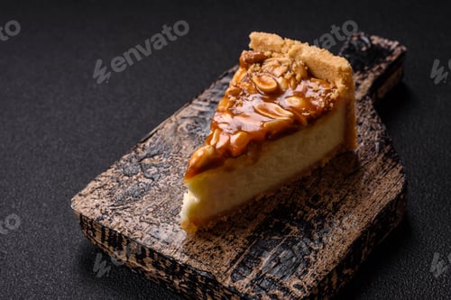 Preview: Delicious fresh cheesecake caramel peanut cake with cream and nuts