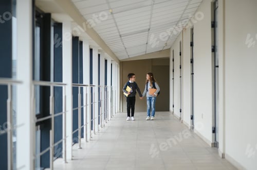 Preview: Happy school kids in corridor at school
