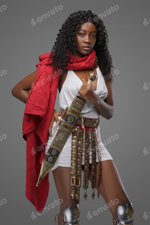 Preview: Ancient black woman with sword against gray background