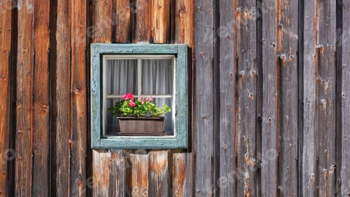 Preview: Window in the wall and potted flowers. Vintage interior and exterior design of a house.