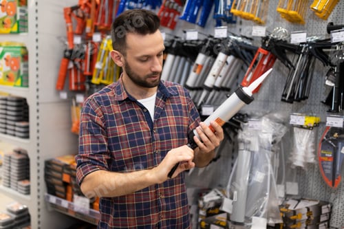 Preview: a man in a hardware store chooses a caulk gun