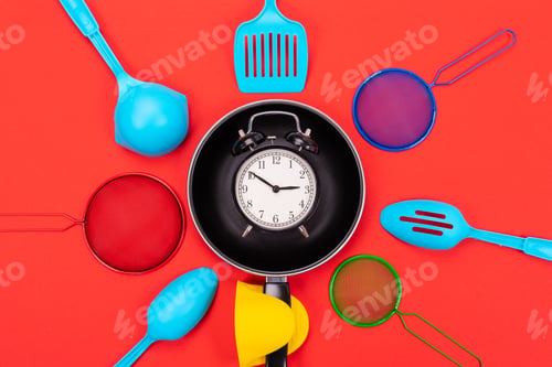 Preview: Top view of cooking utensils composition in kitchen isolated on red background