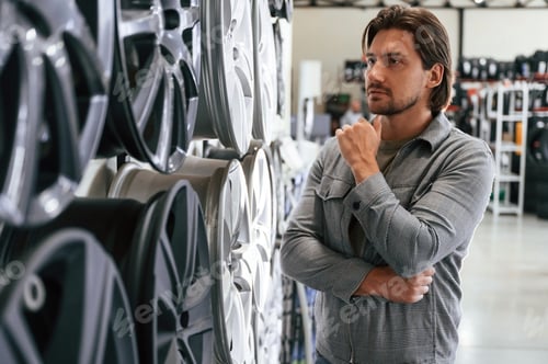 Preview: Thinking, choosing. Man is in the tire fitting car service