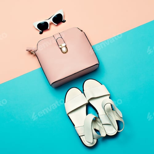 Preview: Fashionable Purse, Sunglasses, and Sandals on Colorful Backdrop