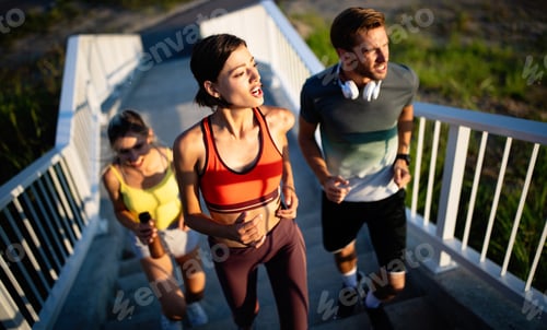 Preview: Friends fitness training together outdoors living active healthy