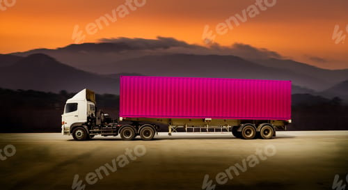 Vista previa: Cargo truck with heavy container speed on high way road to delivery logistic business with mountain