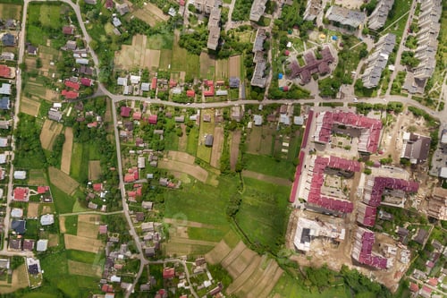 Preview: Aerial view of town or city with rows of buildings