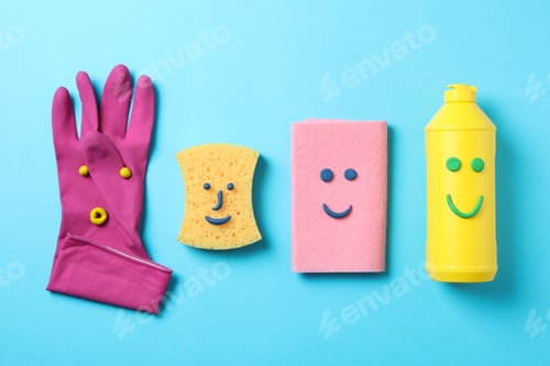 Preview: Flat lay with detergent and cleaning supplies on blue background, top view