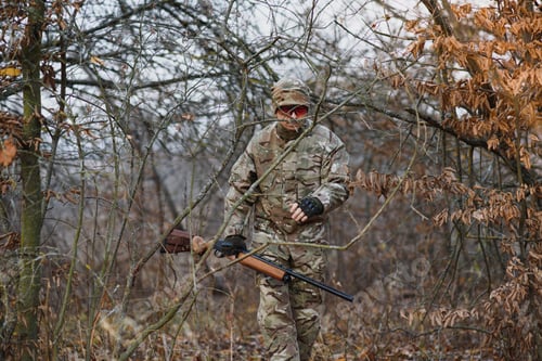Preview: Hunting permit. Man brutal gamekeeper nature background. hunter spend leisure hunting.
