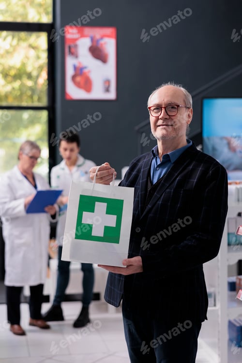 Preview: Senior man holding purchase shopping bag in drugstore portrait